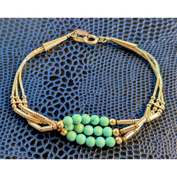 VTG Navajo Signed Turquoise Bead Three Strand Liquid Sterling Silver Bracelet